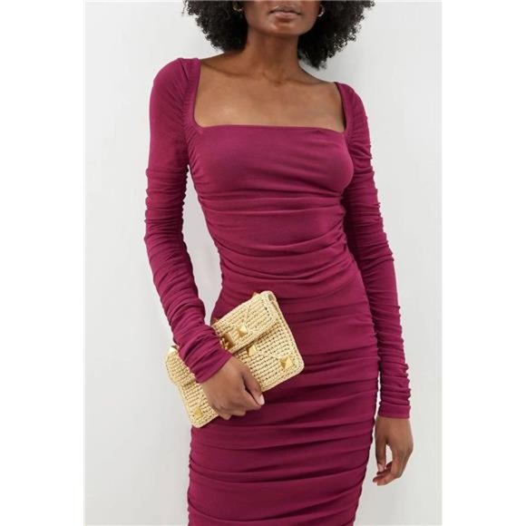Ruched Bodycon Dress Square Neck Long Sleeve Backless  Midi Dresses For Women - Picture 5 of 7
